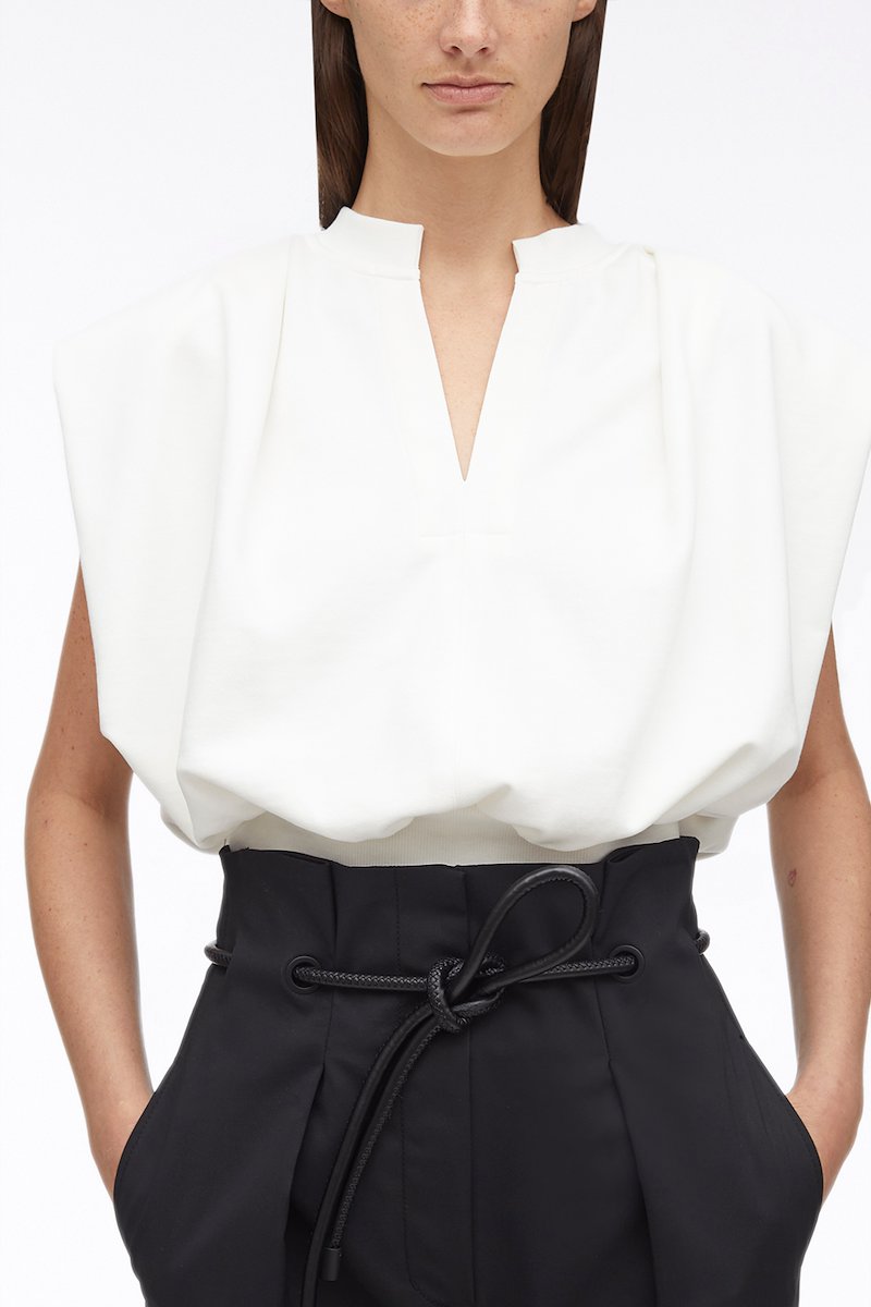 Sleeveless French Terry Top-white #1 Sleeveless French Terry Top, White cotton split-neck sleeveless top from 3.1 PHILLIP LIM featuring draped design, ribbed edge, round split neck, sleeveless, elasticated hem and straight hem.- 1