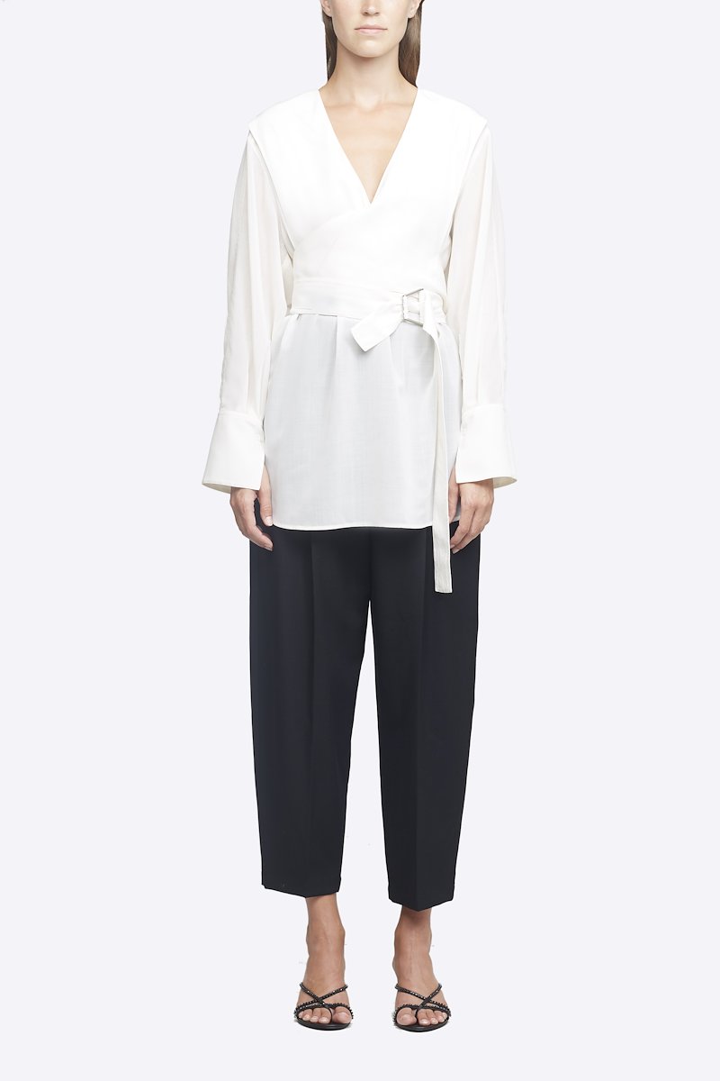 Wrap Waist Voile Blouse-white #0 Wrap Waist Voile Blouse, Antique white wrap-around waist blouse from 3.1 PHILLIP LIM featuring V-neck, long sleeves, buttoned cuffs and belted waist.- 4