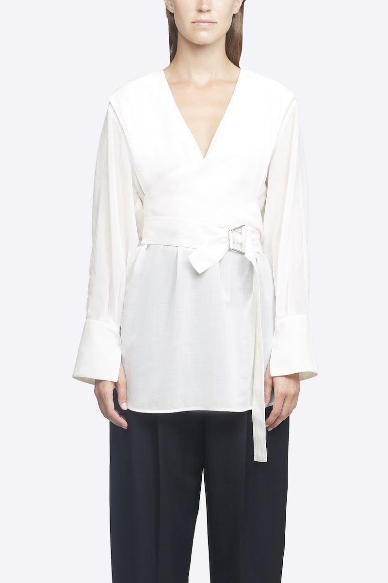 Wrap Waist Voile Blouse-white #0 Wrap Waist Voile Blouse, Antique white wrap-around waist blouse from 3.1 PHILLIP LIM featuring V-neck, long sleeves, buttoned cuffs and belted waist.- 0