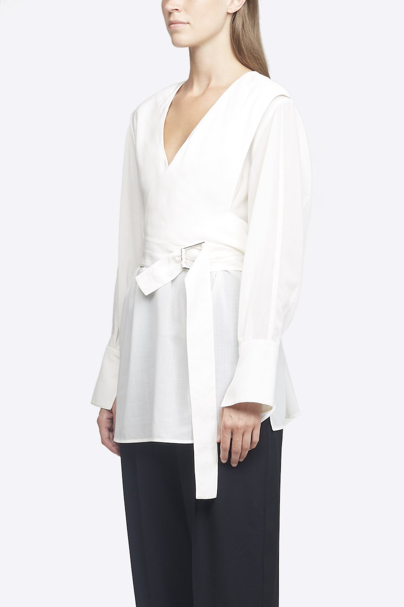 Wrap Waist Voile Blouse-white #1 Wrap Waist Voile Blouse, Antique white wrap-around waist blouse from 3.1 PHILLIP LIM featuring V-neck, long sleeves, buttoned cuffs and belted waist.- 1