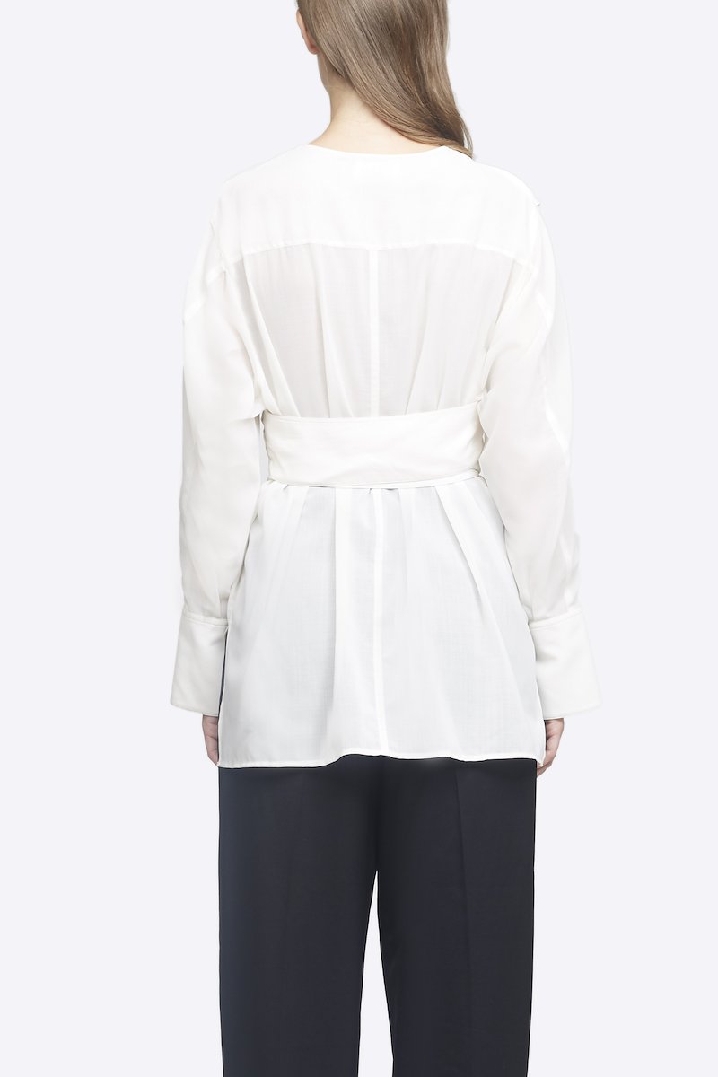 Wrap Waist Voile Blouse-white #0 Wrap Waist Voile Blouse, Antique white wrap-around waist blouse from 3.1 PHILLIP LIM featuring V-neck, long sleeves, buttoned cuffs and belted waist.- 2