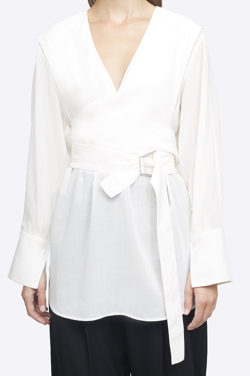 Wrap Waist Voile Blouse-white #1 Wrap Waist Voile Blouse, Antique white wrap-around waist blouse from 3.1 PHILLIP LIM featuring V-neck, long sleeves, buttoned cuffs and belted waist.- 3