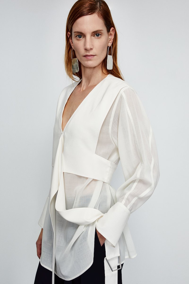 Wrap Waist Voile Blouse-white #1 Wrap Waist Voile Blouse, Antique white wrap-around waist blouse from 3.1 PHILLIP LIM featuring V-neck, long sleeves, buttoned cuffs and belted waist.- 5