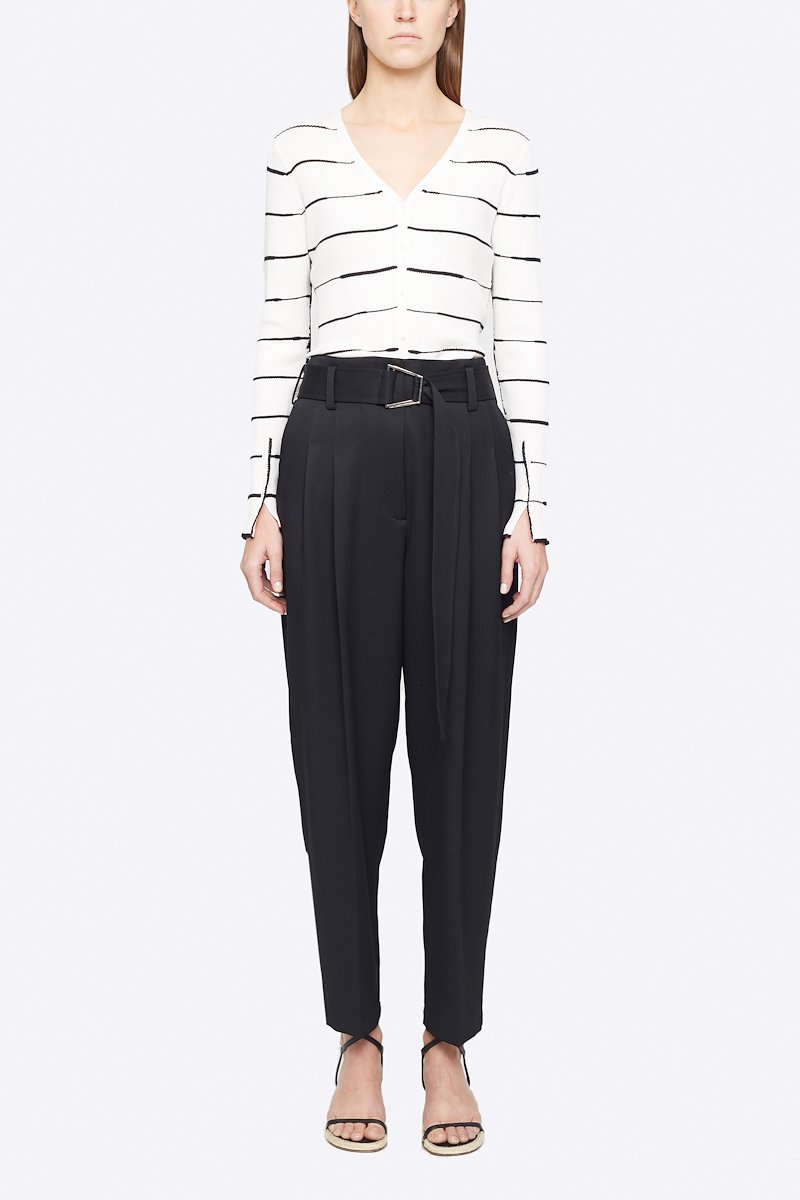 Wool Belted Utility Pant-black #0 Wool Belted Utility Pant, Black wool belted utility trousers from 3.1 PHILLIP LIM featuring high waist, belted waist, concealed front fastening, two diagonal pockets to the sides, rear patch pocket, tapered fit and cropped leg. POSITIVELY CONSCIOUS: This product is made with a material widely recognised as being better for the planet, so you can be confident you are choosing positively .- 4