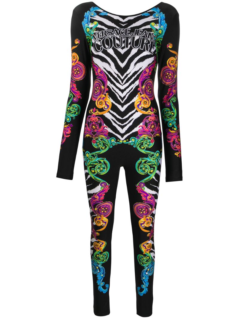 Versace Jeans Couture Enger Jumpsuit Mit Barock-print In Black