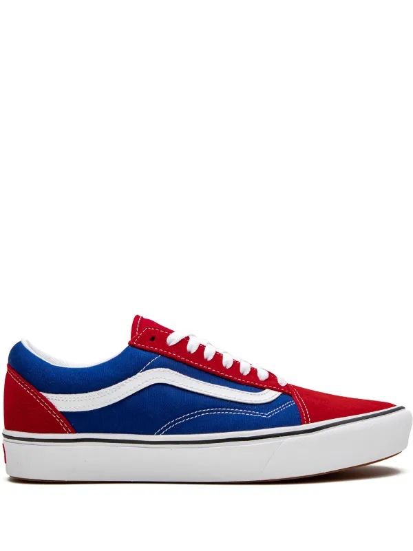 red white and blue old skool vans