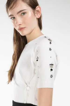 Jewel-Embellished Short Sleeve Sweater 