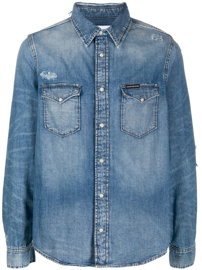 Shop Calvin Klein Jeans Est.1978 Distressed Long-sleeved Denim Shirt In Blue