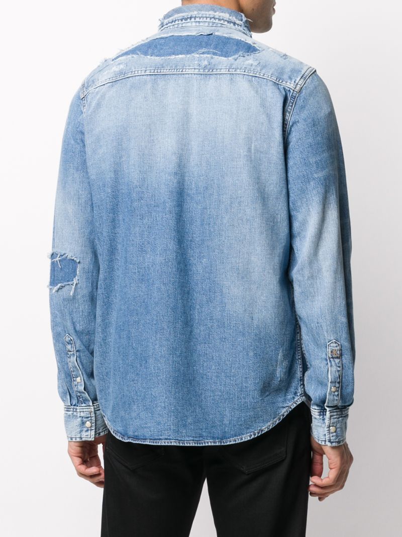 Shop Calvin Klein Jeans Est.1978 Distressed Long-sleeved Denim Shirt In Blue