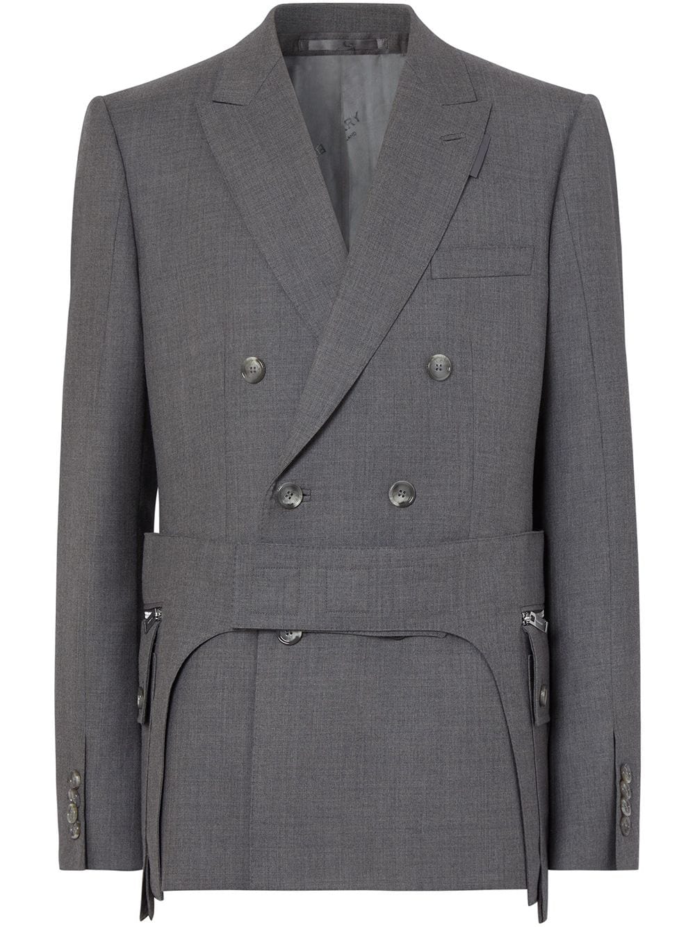 Shop Burberry Cargo Belt Double-breasted Blazer In Grey