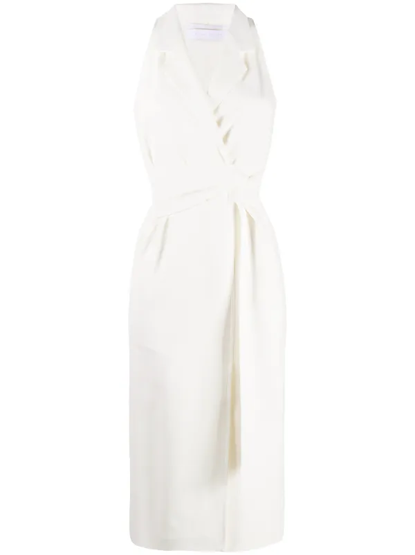 white sleeveless wrap dress