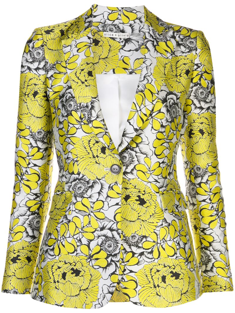 Shop Alice And Olivia Fitted V-neck Floral Pattern Blazer In Yellow