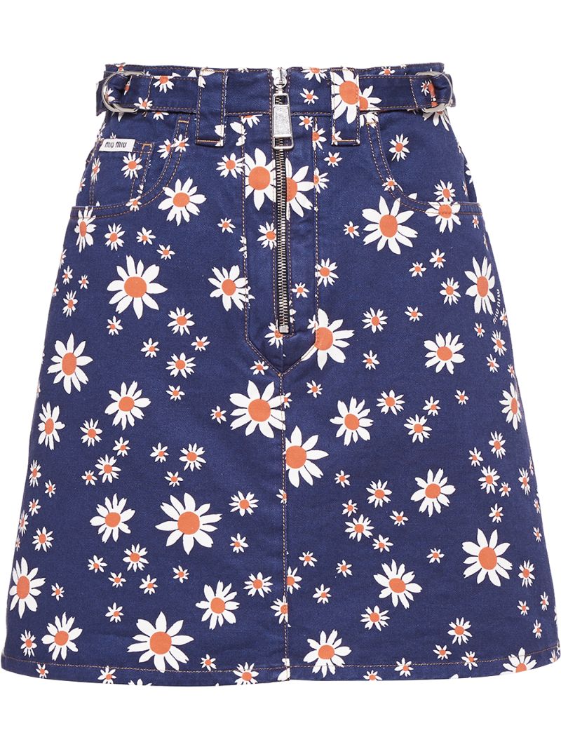 Miu Miu Daisy Denim Mini Skirt In Blue