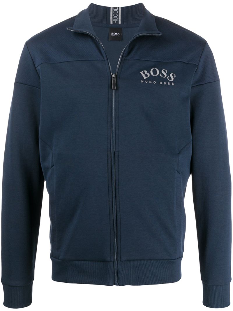 Shop Hugo Boss Zipped Logo Sweatshirt In Blue