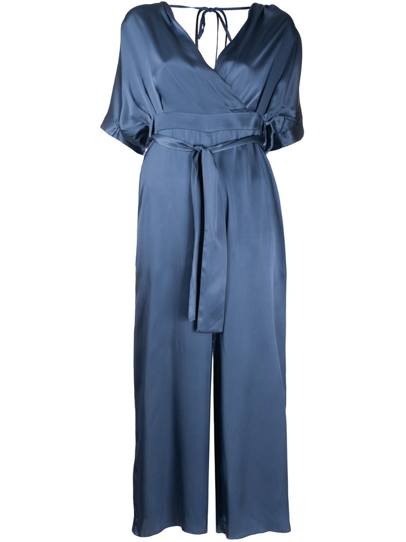 Shop Semicouture Wrap Front Plunge Jumpsuit In Blue