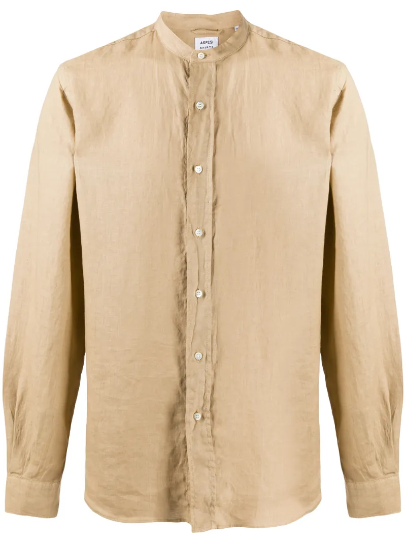 Aspesi Mandarin Collar Linen Shirt In Neutrals