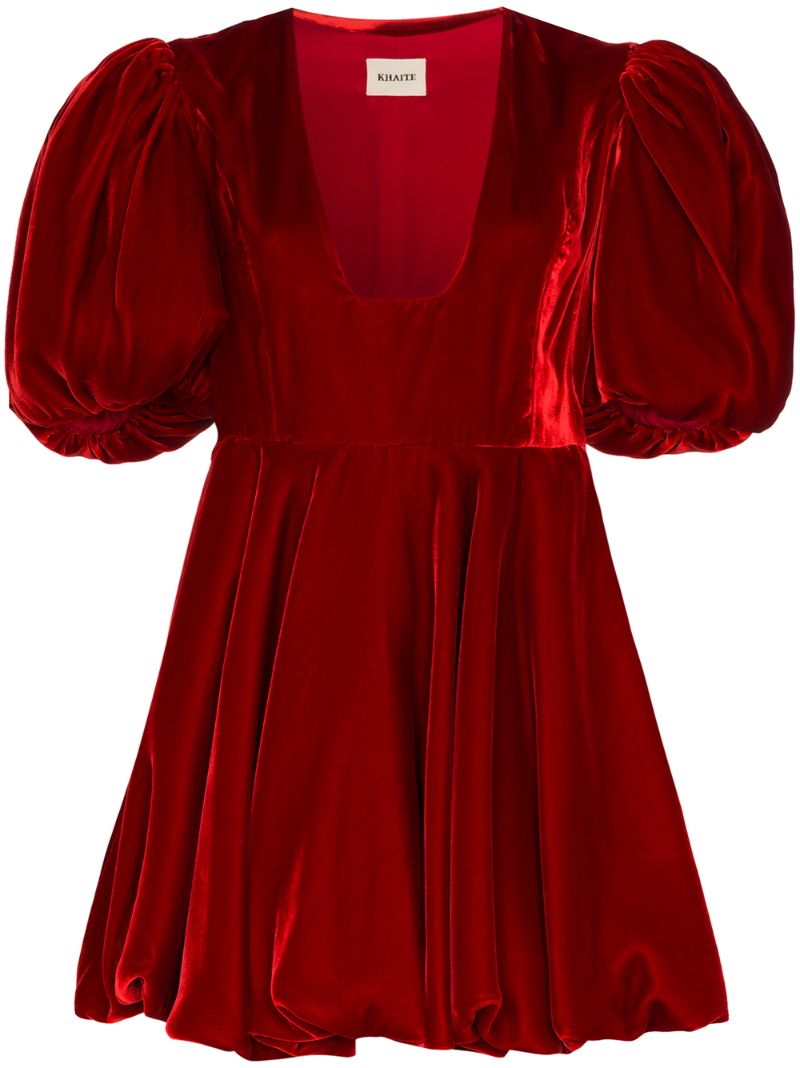 Shop Khaite Leona Puff-sleeve Velvet Dress In Red