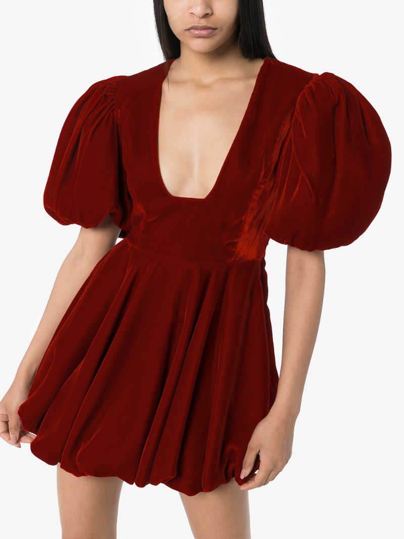 Shop Khaite Leona Puff-sleeve Velvet Dress In Red