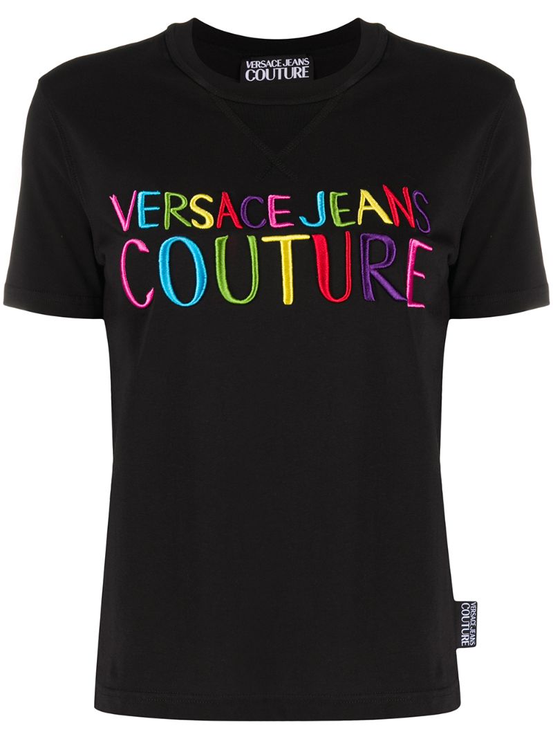 Shop Versace Jeans Couture Logo Embroidered T-shirt In Black