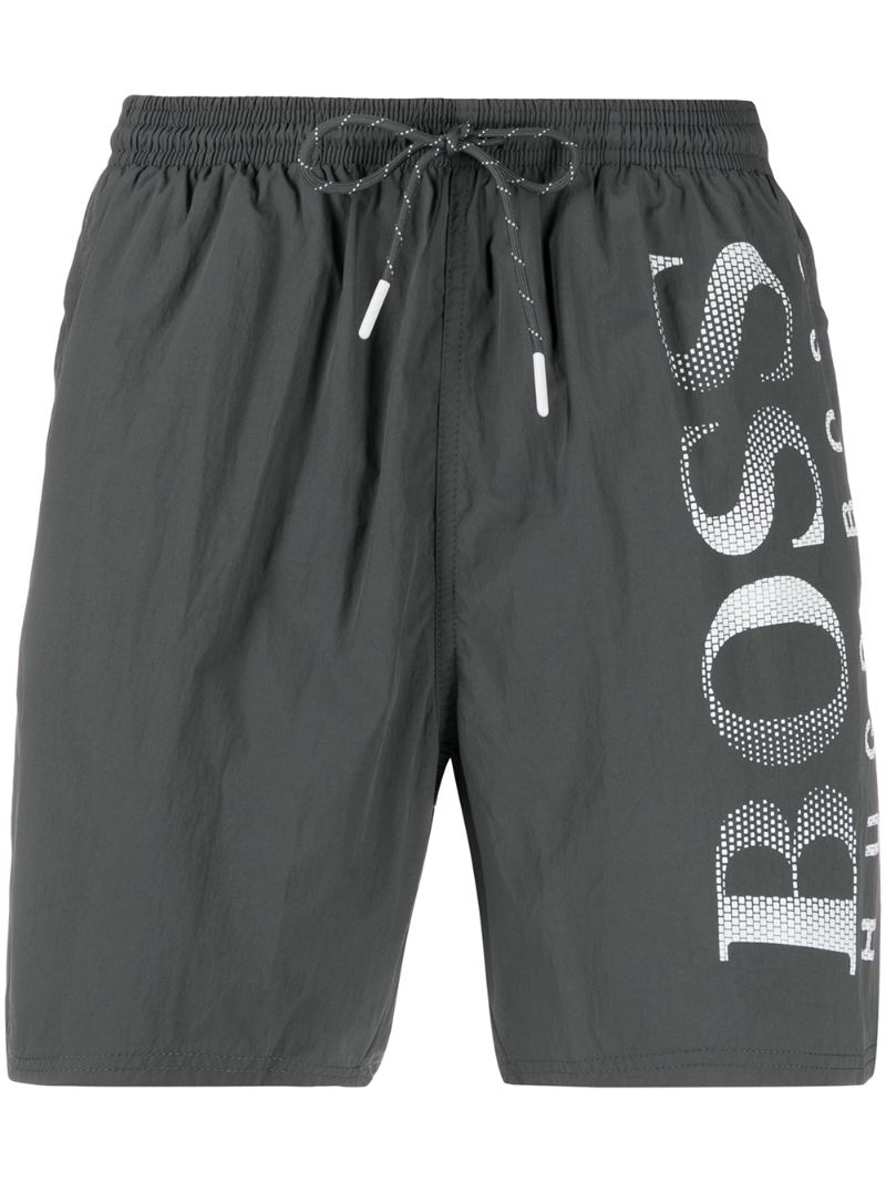 Hugo Boss Logo Print Swim Shorts In Grey