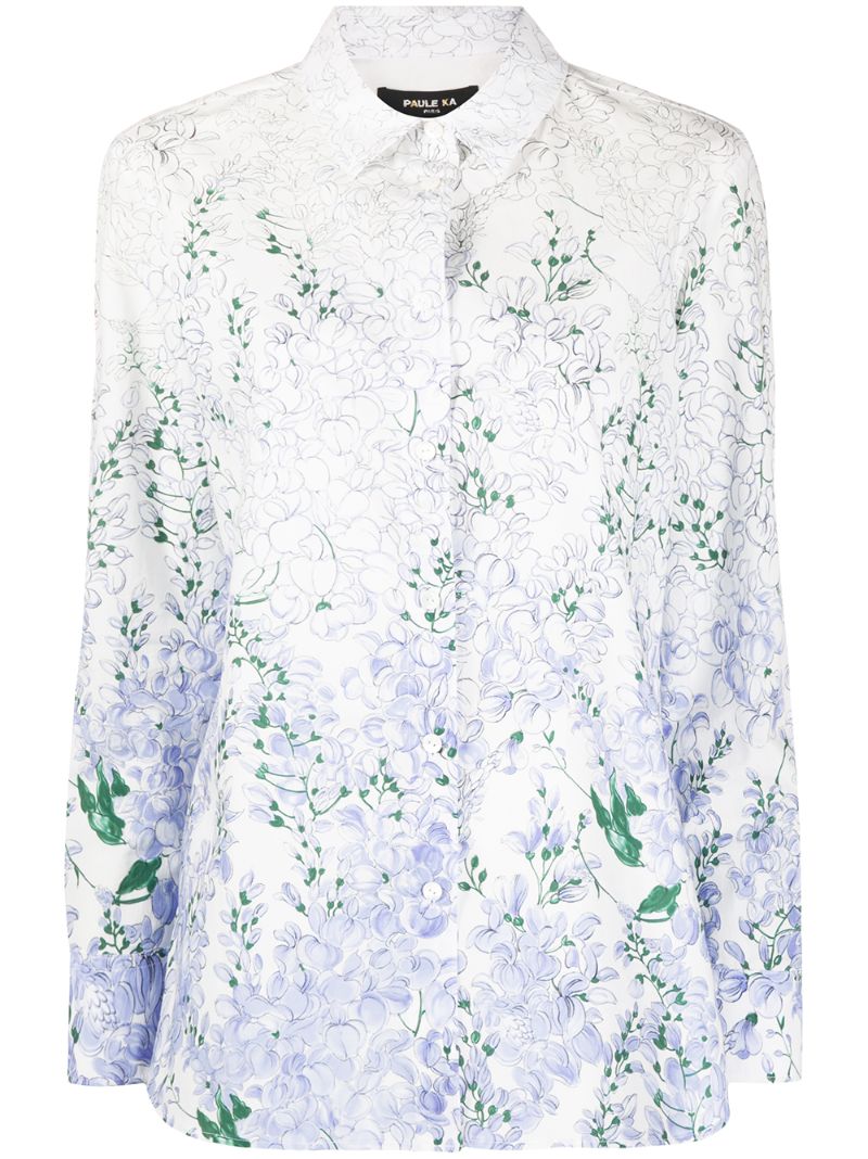 Paule Ka Floral Print Curved Hem Shirt In White