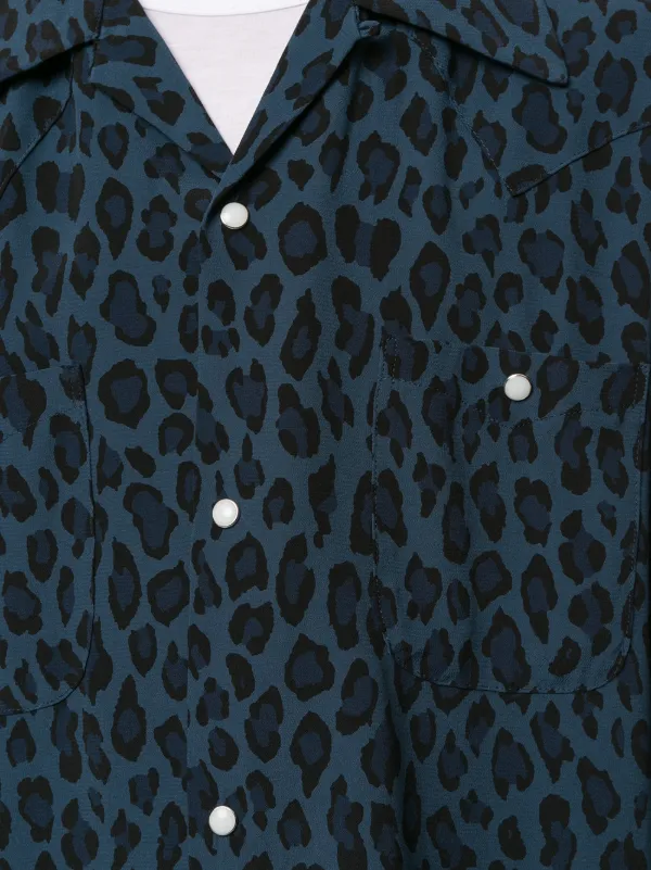 Shop blue & black Needles pointed collar leopard print shirt with