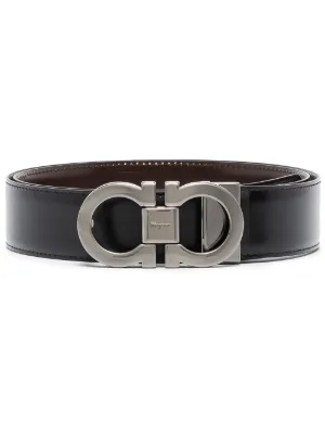 Salvatore Ferragamo Men's Smooth Reversible Calf Belt with Tonal Metallic Double Gancini Buckle - 46 / Black/Auburn