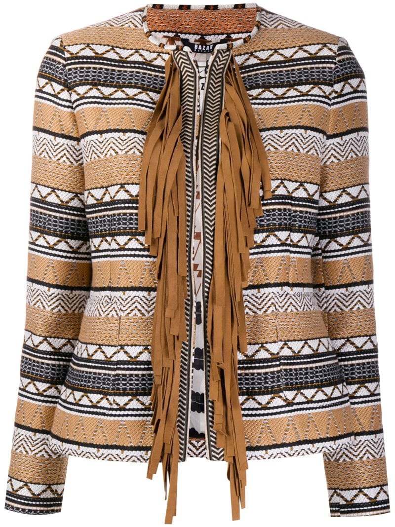 Bazar Deluxe Fringed Woven Jacket In Brown