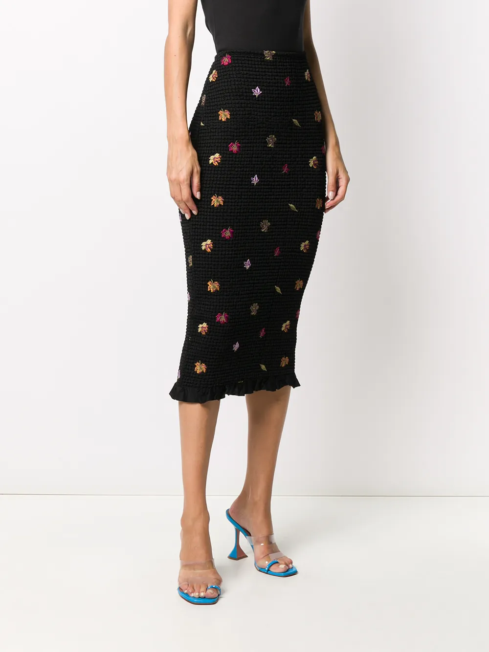 Off-white Embroidered-leaves Mid-length Skirt In Black