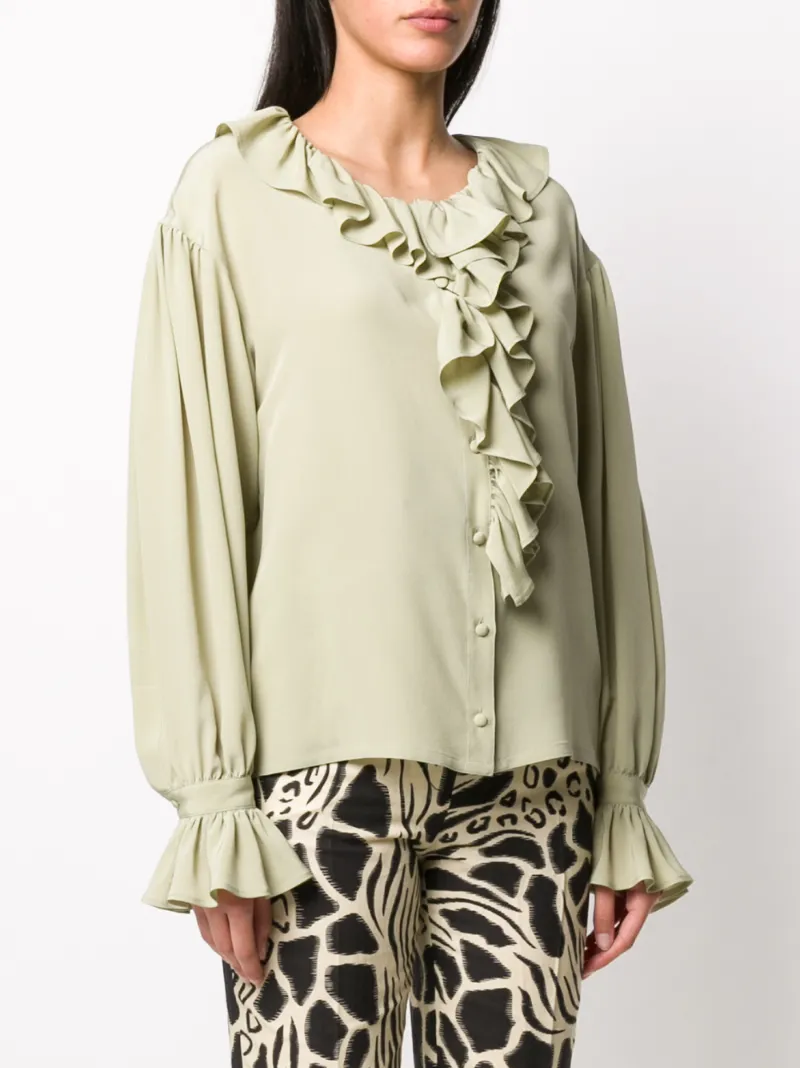 Etro Ruffle Trimmed Silk Blouse In Green