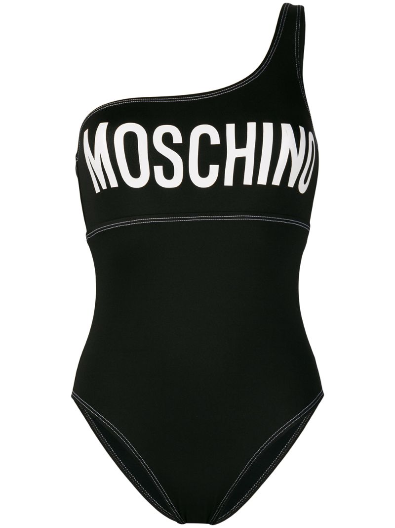 Shop Moschino Logo Print One-shoulder Swimsuit In Black