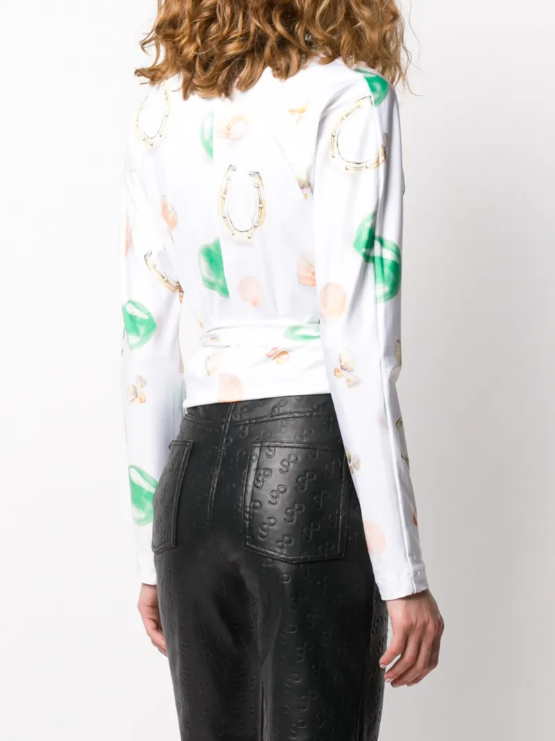 Saks Potts White Printed Jersey Wrap Top In White
