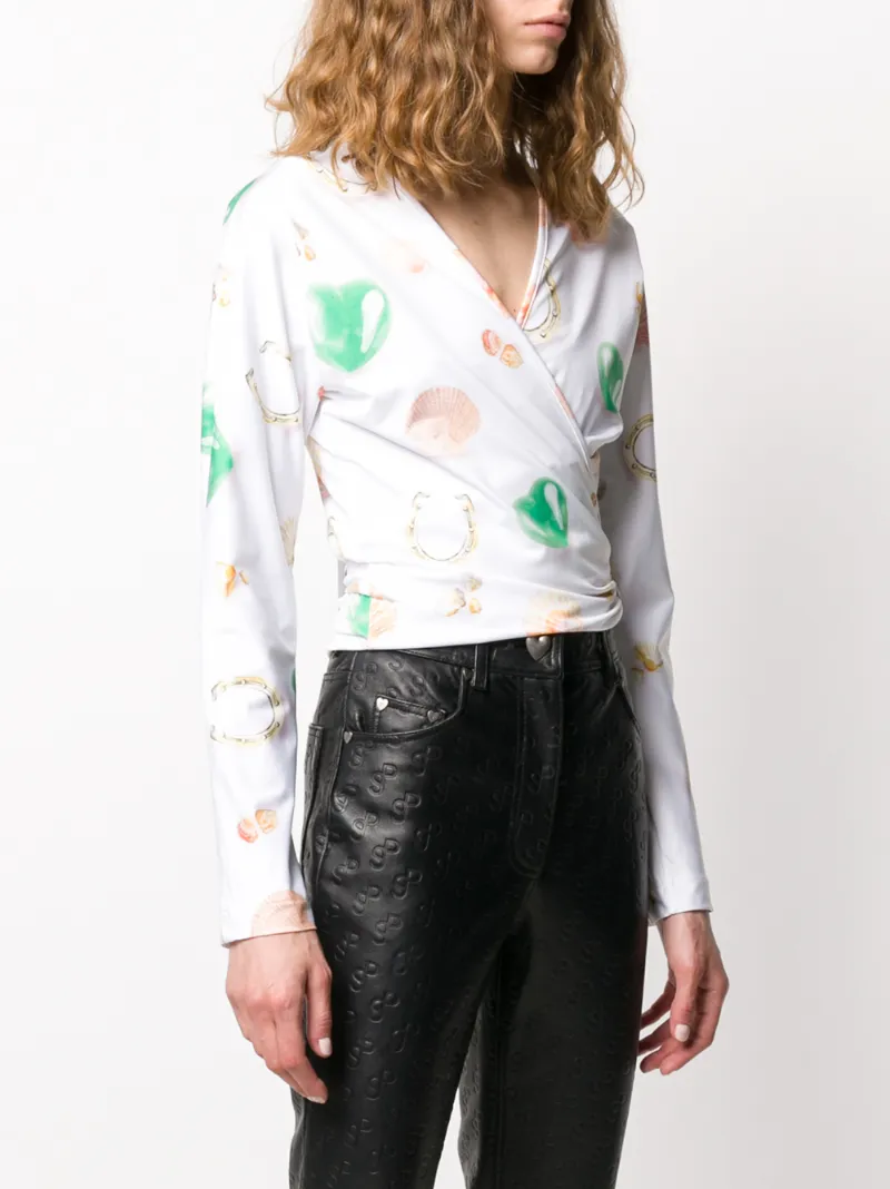 Saks Potts White Printed Jersey Wrap Top In White