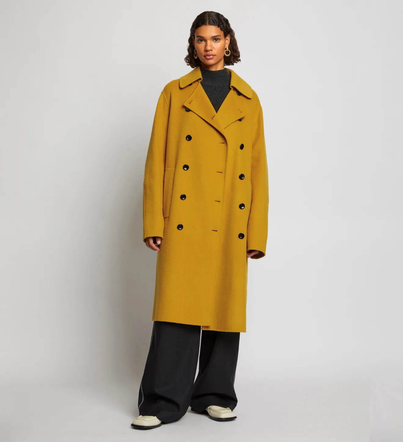 yellow double breasted coat