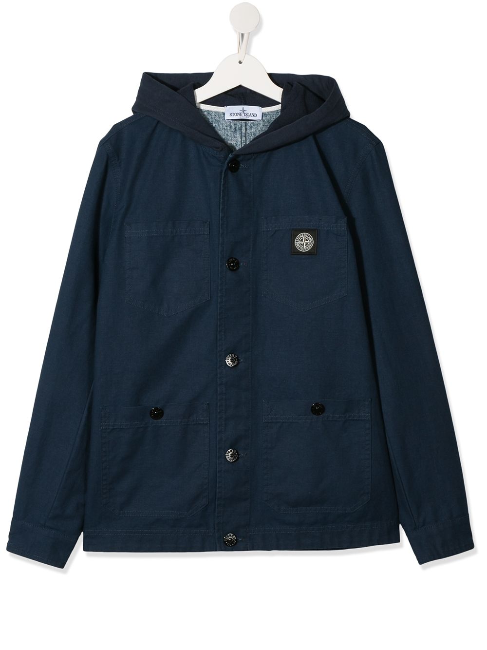 Stone Island Junior Teen Buttoned Hooded Jacket In Blue