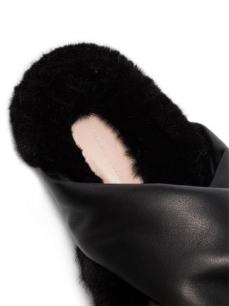 black flat leather faux fur sandals展示图