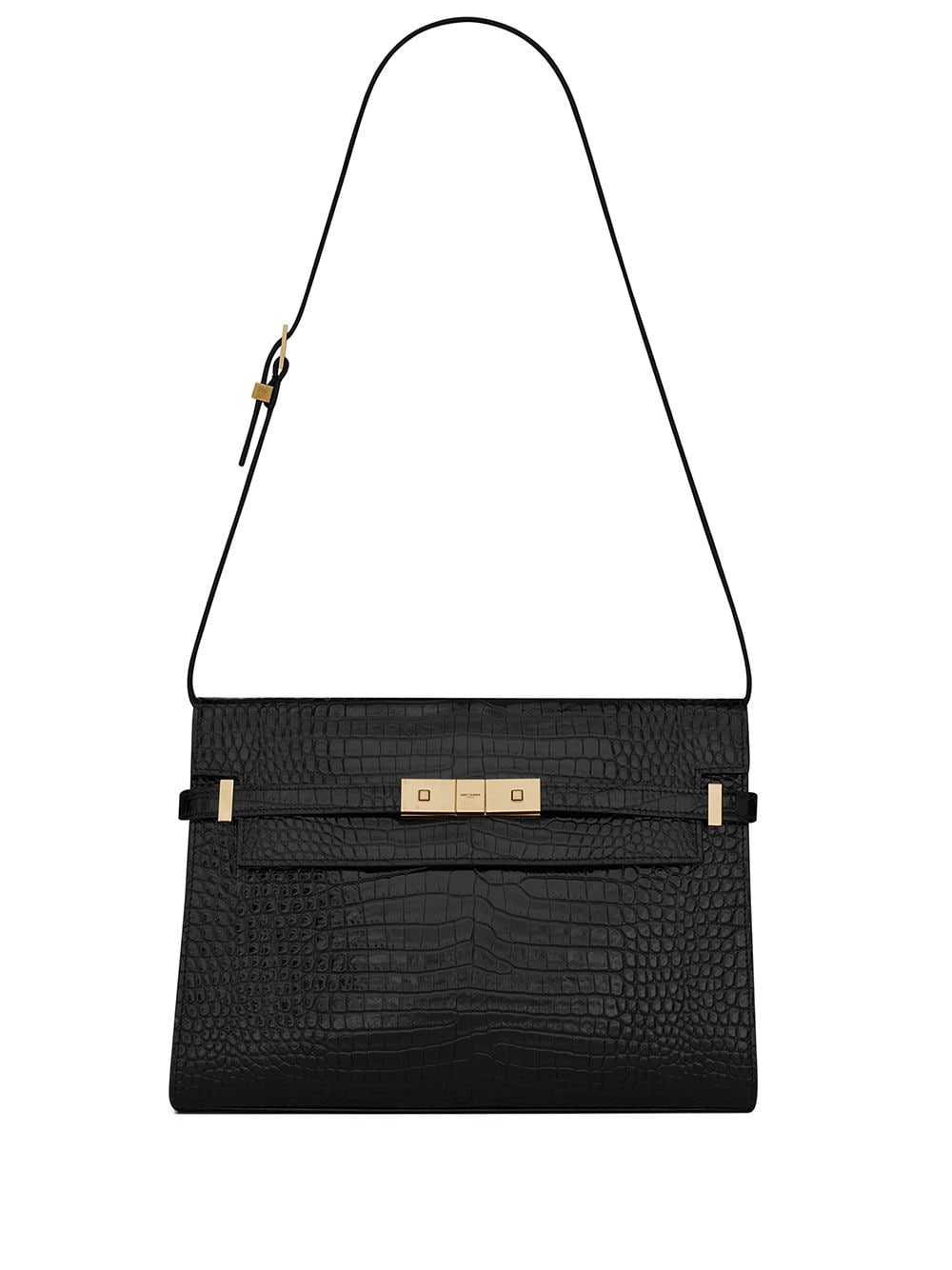 Saint Laurent Manhattan Croc-effect Patent-leather Shoulder Bag In Black Croc/gold
