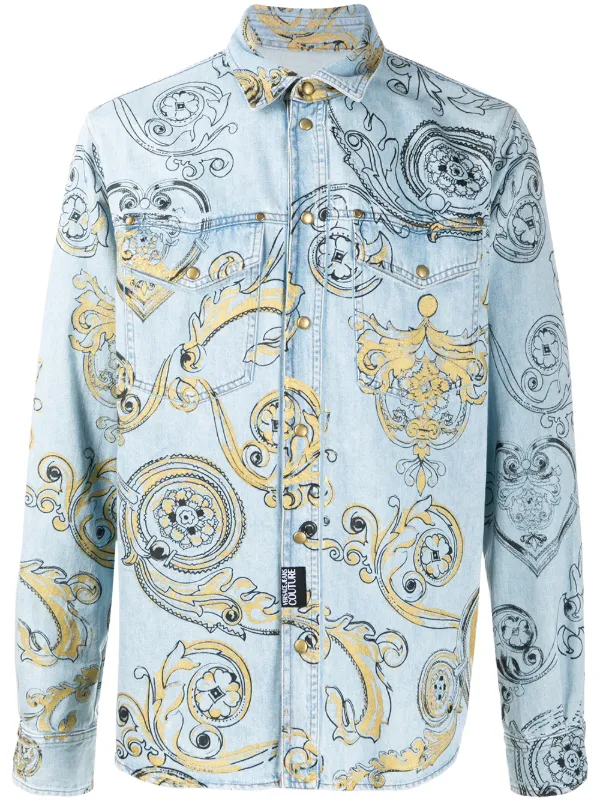 baroque print denim shirt