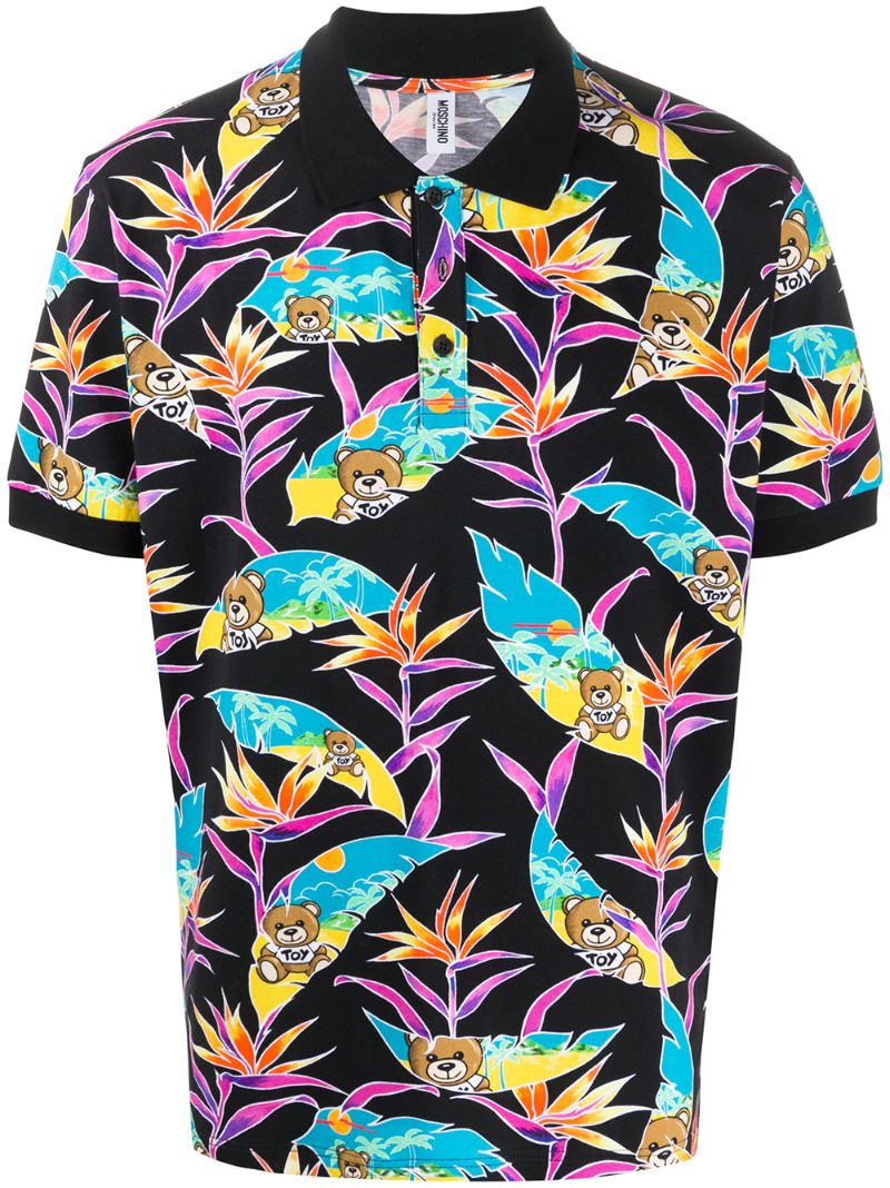 Moschino Tropical Teddy Print Polo Shirt In Black