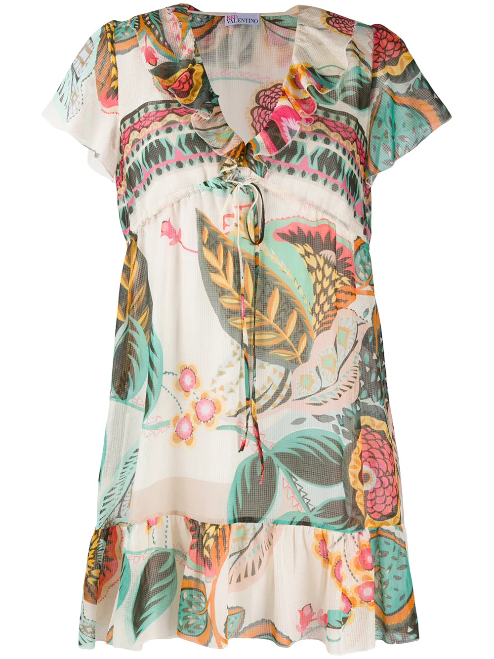 Shop Red Valentino Graphic-print Ruffled Dress In Neutrals