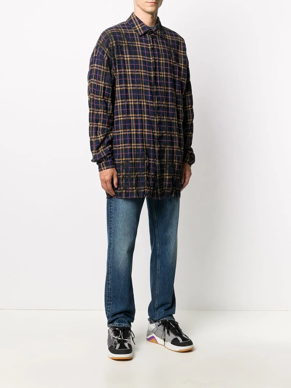  Palm Angels Kariertes Hemd Mit Logo Print   Blau 