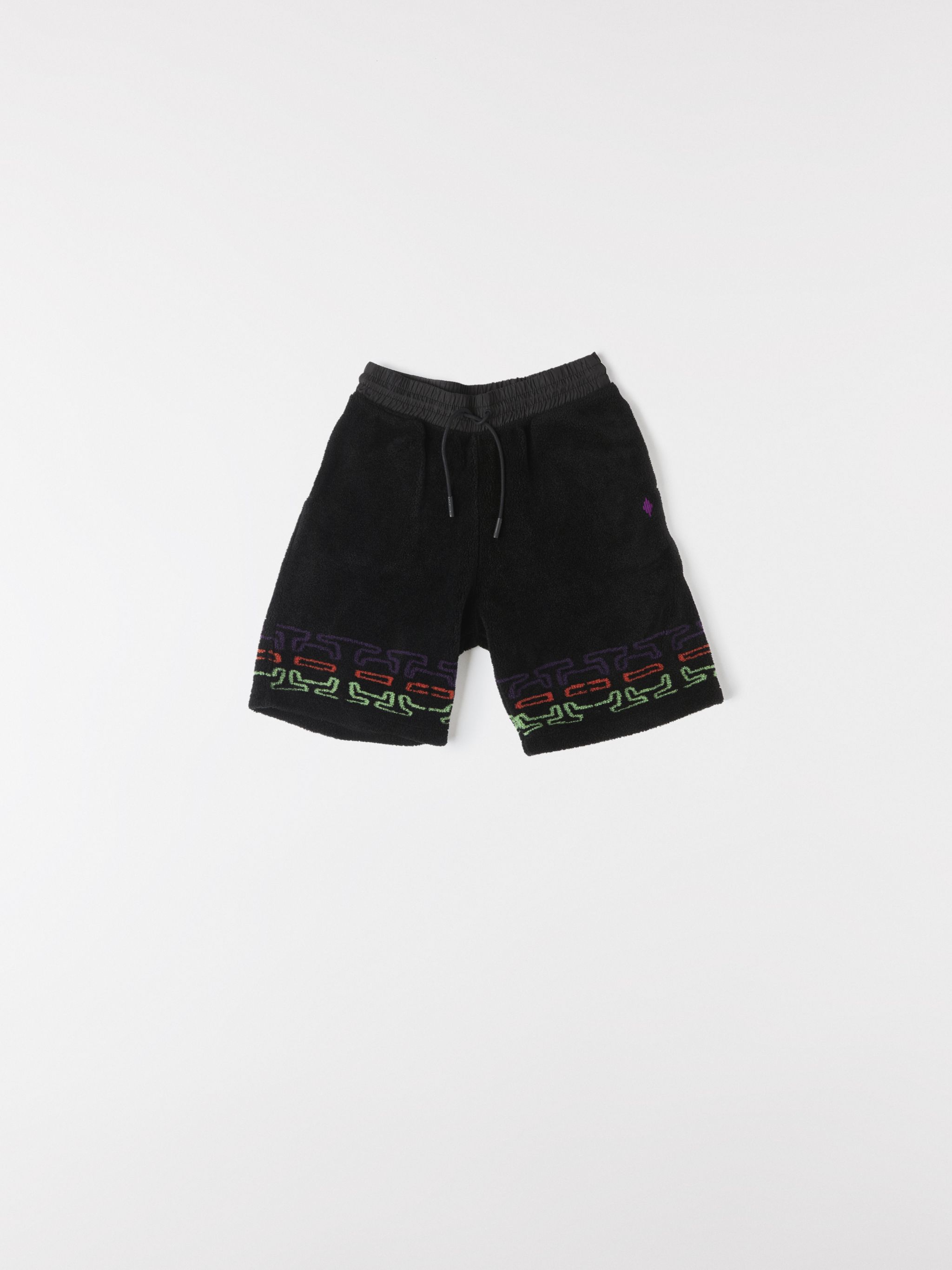 Black/multicolour logo print fleece track shorts from Marcelo Burlon County of Milan featuring jersey fleece, logo print embellishment, elasticated waistband, drawstring fastening, two side pouch pockets and rear welt pocket.