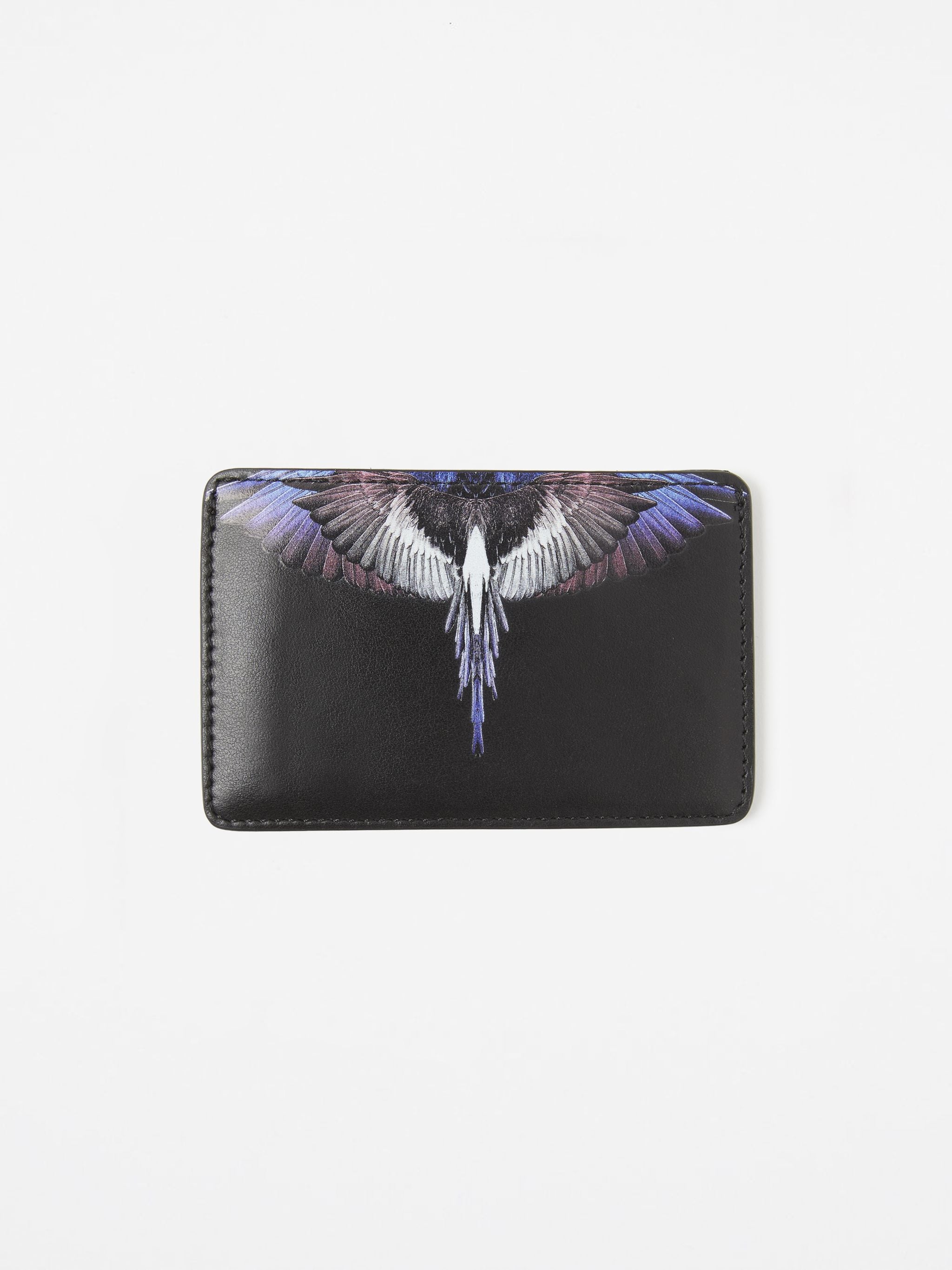 Black leather Wings leather cardholder from Marcelo Burlon County of Milan featuring wings print, debossed logo and card slots.