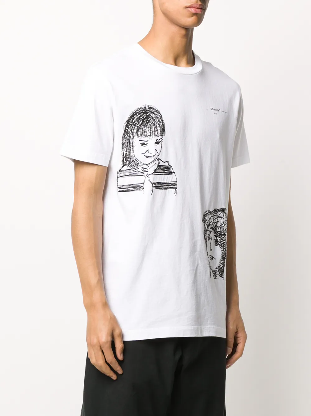  Off White T Shirt Mit Aufgestickten Gesichtern   Weiß 