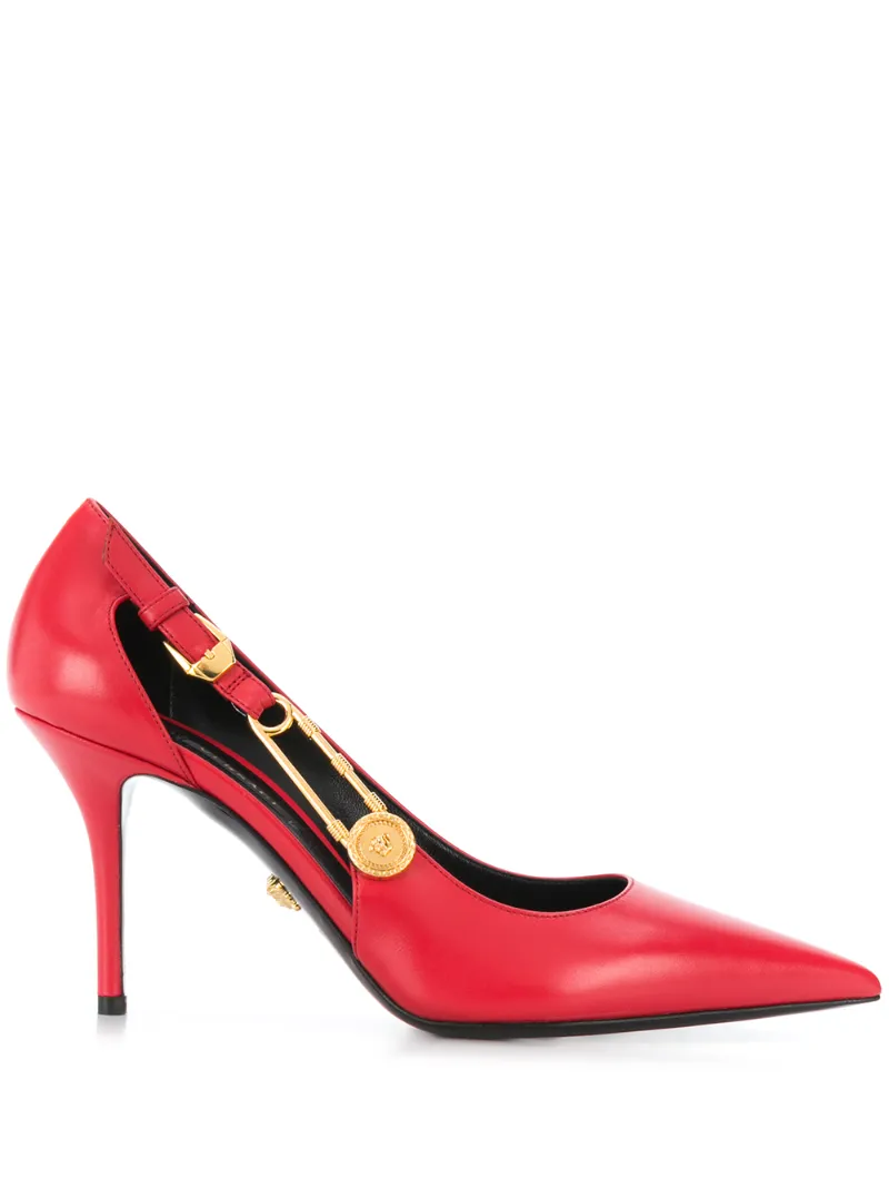 Click to view more detailed imagery on our partner's website Versace Safety-pin Pointed Leather Pumps In Red