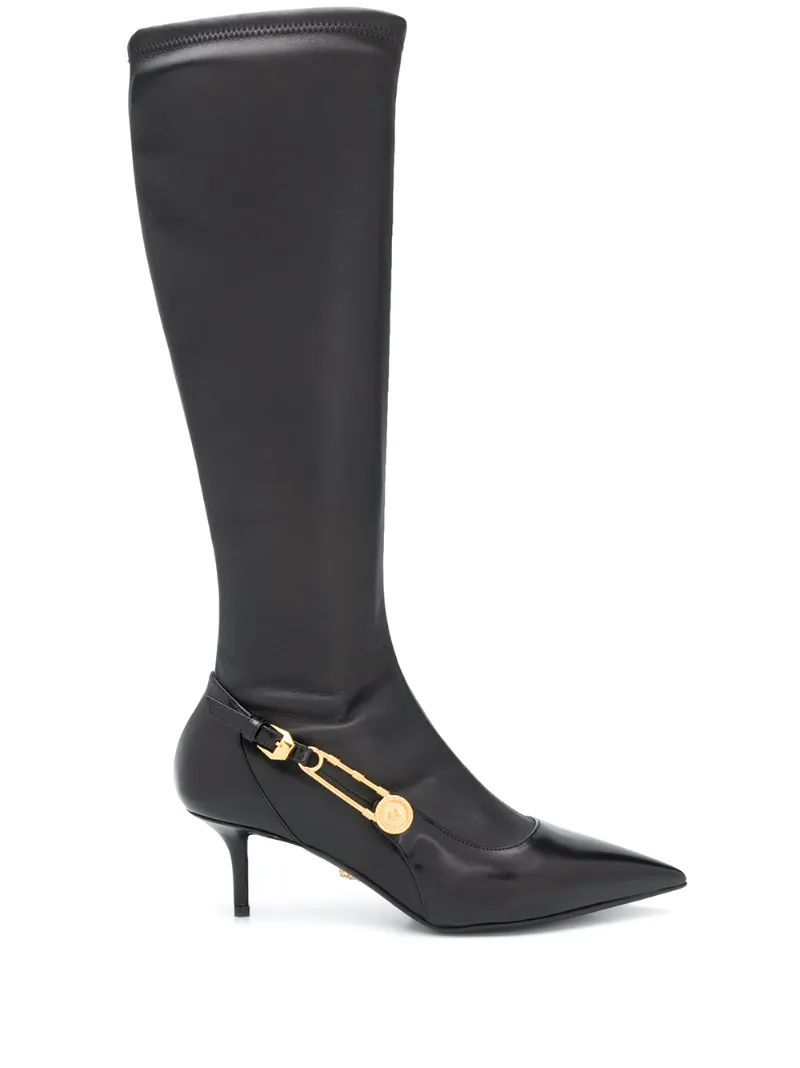 Click to view more detailed imagery on our partner's website Versace Safety Pin Knee Length Boots In Black
