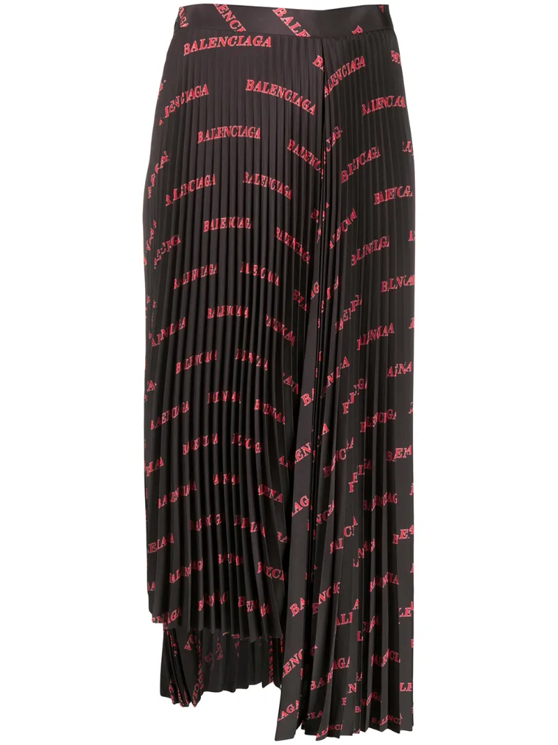 Click to view more detailed imagery on our partner's website Balenciaga Red And Black Asymmetric Logo Print Silk Midi Skirt