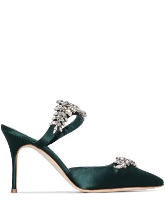 Shop green Manolo Blahnik Lurum 90mm crystal-embellished mules with ...