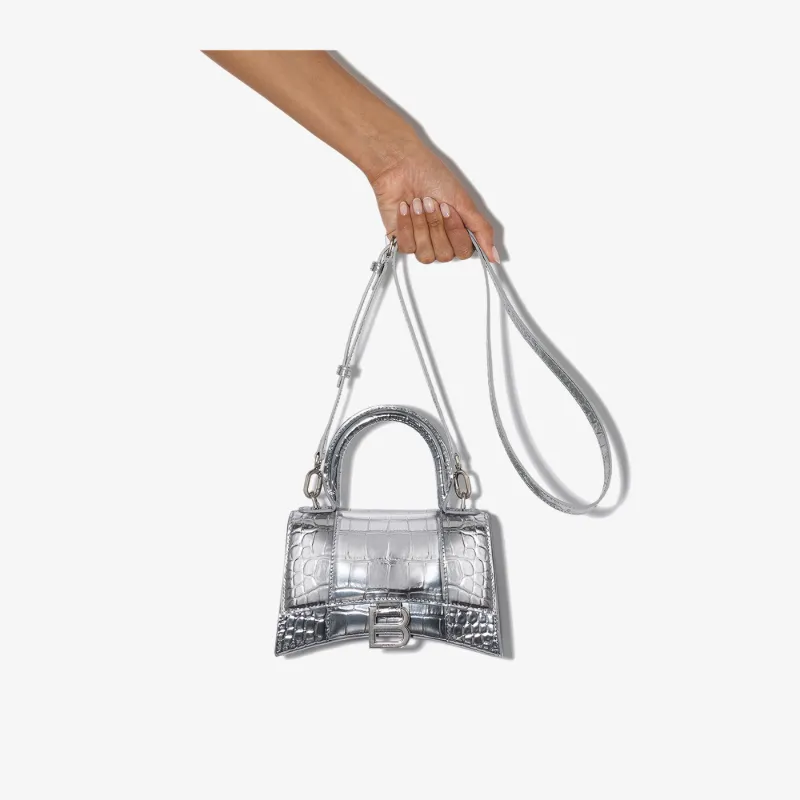 Balenciaga Womens Grey Silver Hourglass Xs Mock Croc Mini Bag