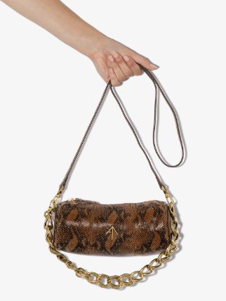 brown mini cylinder faux snake leather shoulder bag展示图